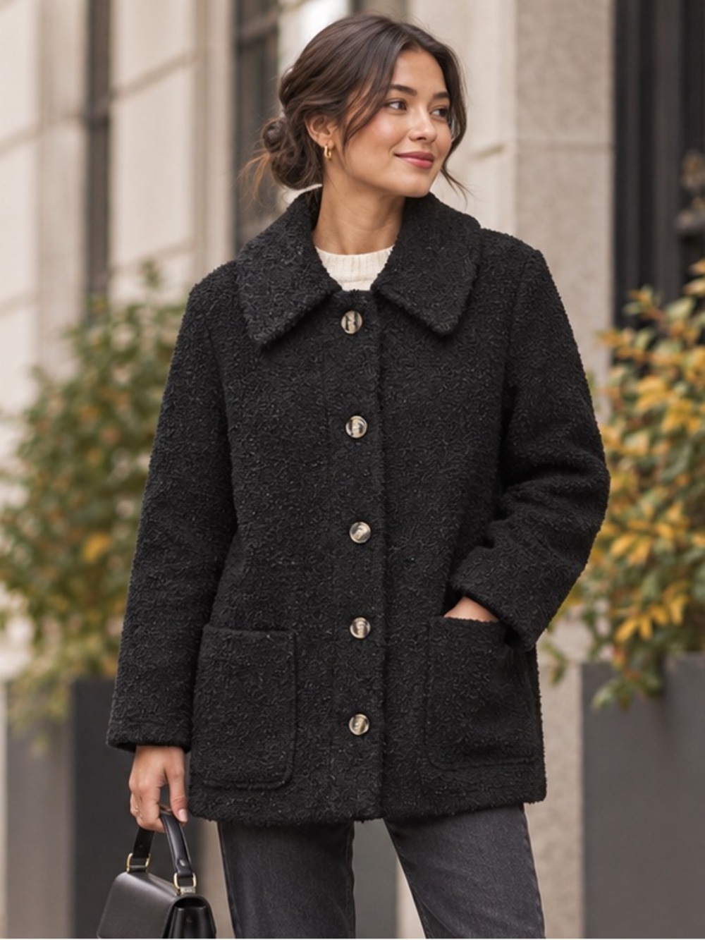 Topshop Petite Black Bouclé Textured Button Coat US 2